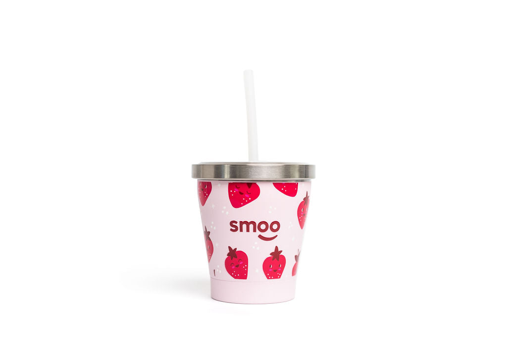 Strawberry Smoothie Cup  Our durable and reusable, double wall insulated cups have been made using quality 304 (food safe) stainless steel (lead free) and BPA Free.  To prevent mess our mini smoothie cups are paired with a screw on lid and 100% food safe silicone straw with stopper so it can't be pulled through the lid.