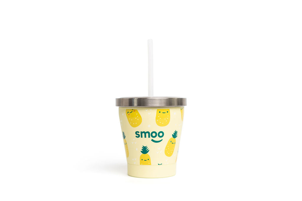 Oineapple Smoothie Cup  Our durable and reusable, double wall insulated cups have been made using quality 304 (food safe) stainless steel (lead free) and BPA Free.  To prevent mess our mini smoothie cups are paired with a screw on lid and 100% food safe silicone straw with stopper so it can't be pulled through the lid.