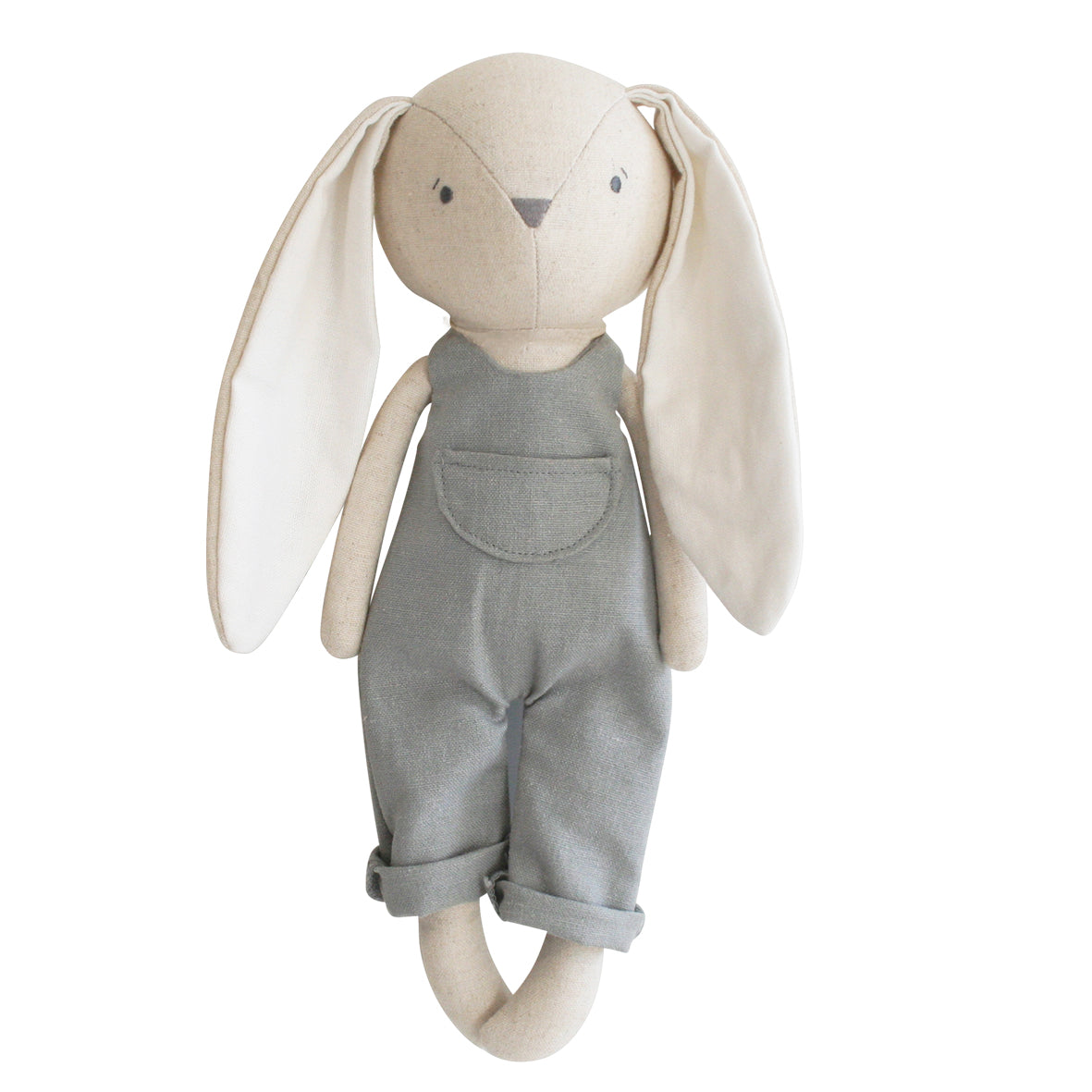 Oliver Bunny is an adorable friend that comes dressed in cute linen overalls. He is made from a beautiful cotton/linen fabric and features a sweet embroidered face.  28cm tall